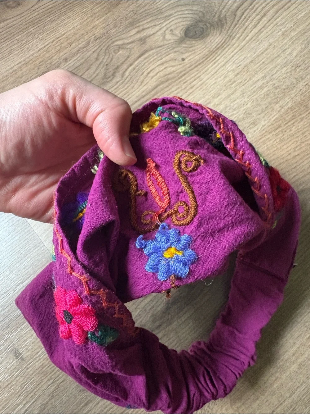 Unique Batik Embroidered Magenta Floral Headwrap Handmade 100% Cotton